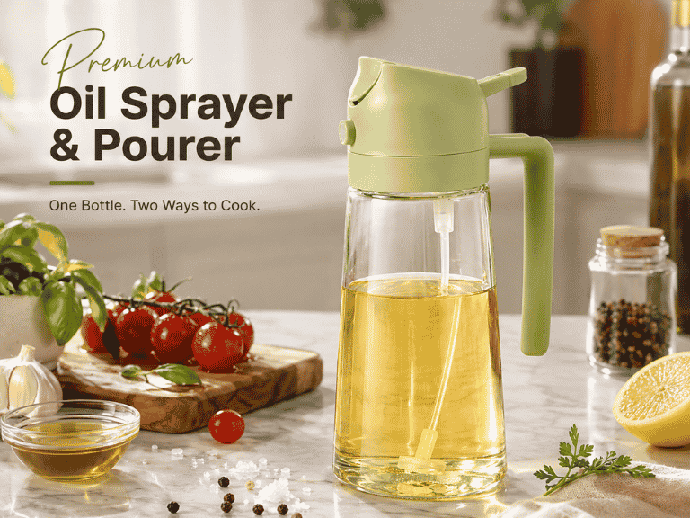 2-in-1 Premium Oil Sprayer & Pourer Bottle | Fine Mist Spray, Smooth Pour, Anti-Drip Glass Oil Dispenser for Cooking, Salad, BBQ & Air Fryer