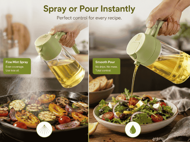 2-in-1 Premium Oil Sprayer & Pourer Bottle | Fine Mist Spray, Smooth Pour, Anti-Drip Glass Oil Dispenser for Cooking, Salad, BBQ & Air Fryer