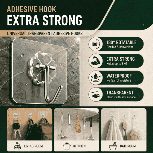 Extra Strong Adhesive Wall Hooks – Waterproof, 180° Rotatable, No Drilling (20 Pack)